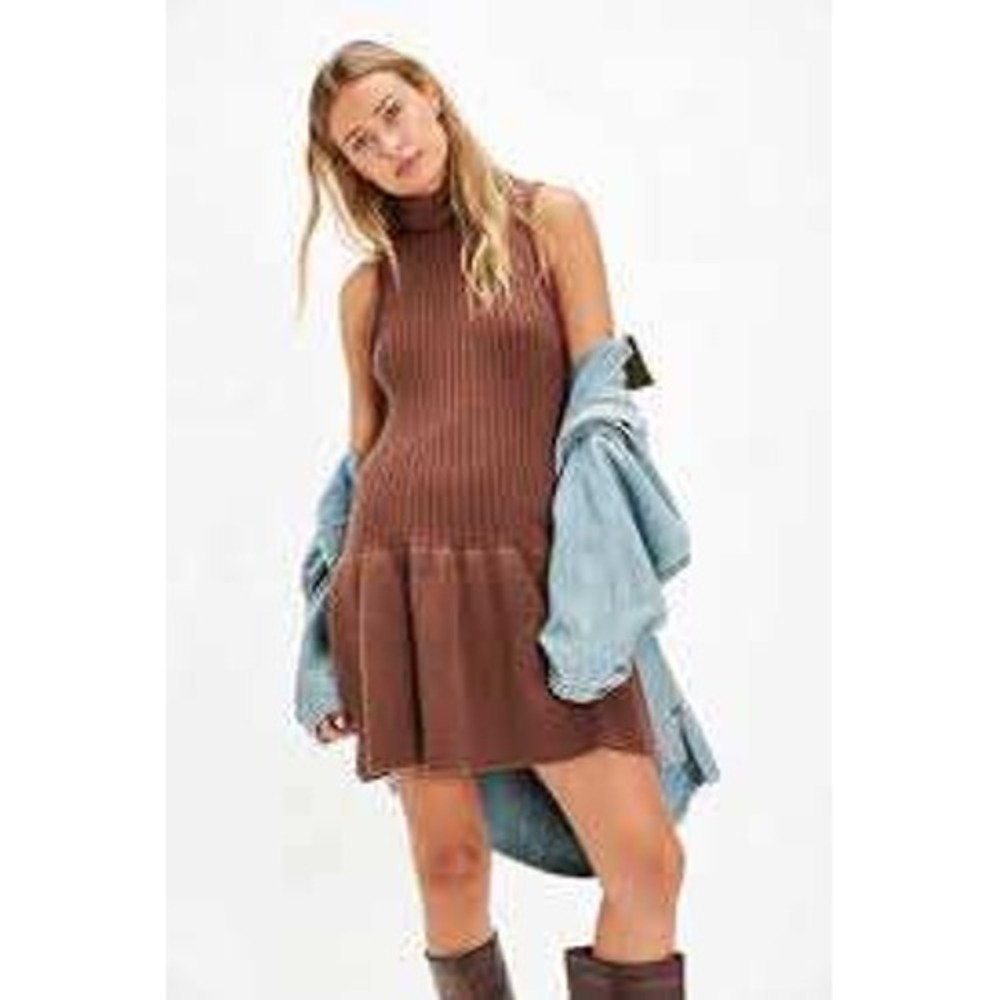 Free People Millie Sweater Mini Dress Ribbed Sleeveless Turtleneck XS Brown